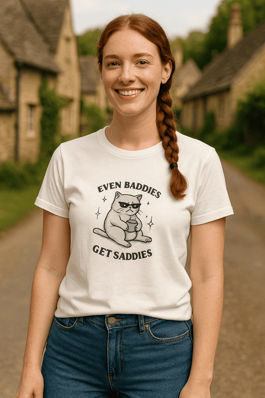 Even Baddies Get Saddies Tee – Cute Funny Cat T-Shirt for Women - by Honestly Aesthetic - product_tags